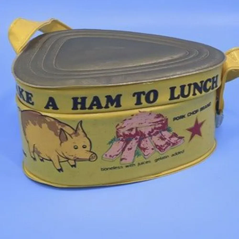 1968 Take a Ham to Lunch Vinyl Lunchbox Ham Can with Strap & Latch